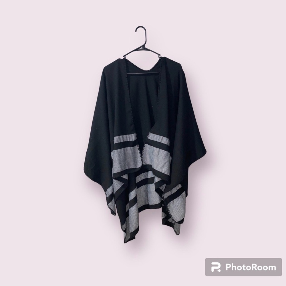 Black & Gray Striped Kimono Poncho Lightweight Open Front Shawl Wrap